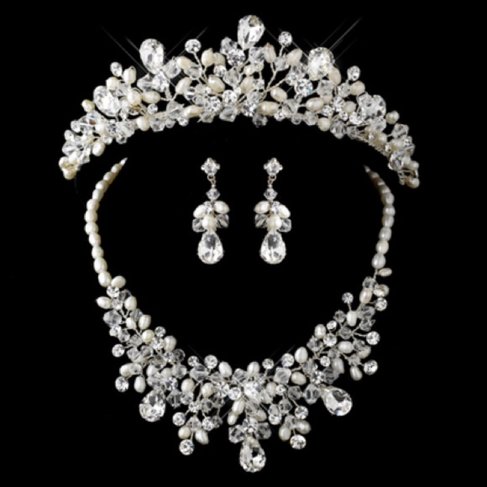 NEW Tiara & jewelry set ivory pearls wedding - Picture 1 of 8